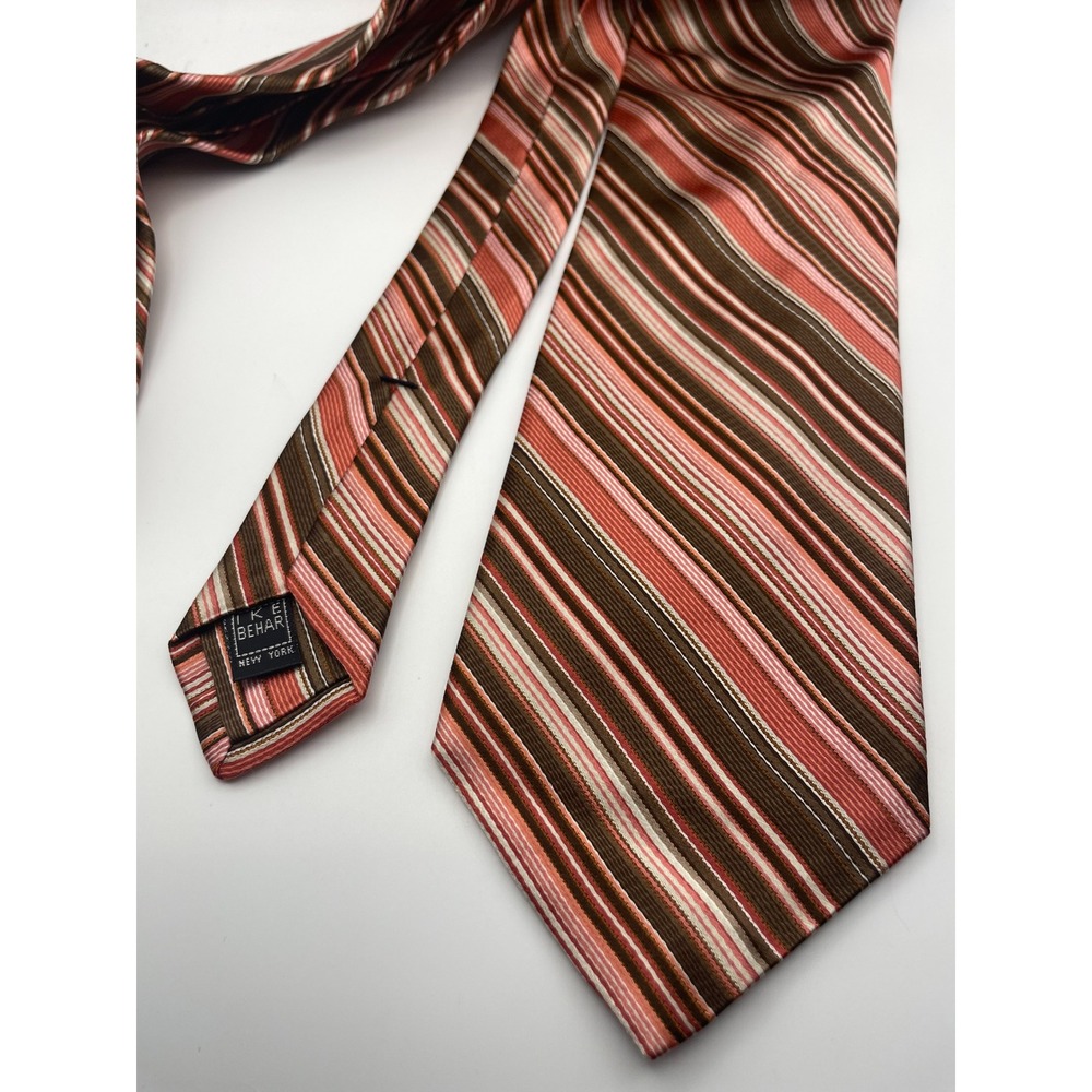 Ike Behar New York Mens Silk Tie Brown Coral White Striped Hand Tailored USA